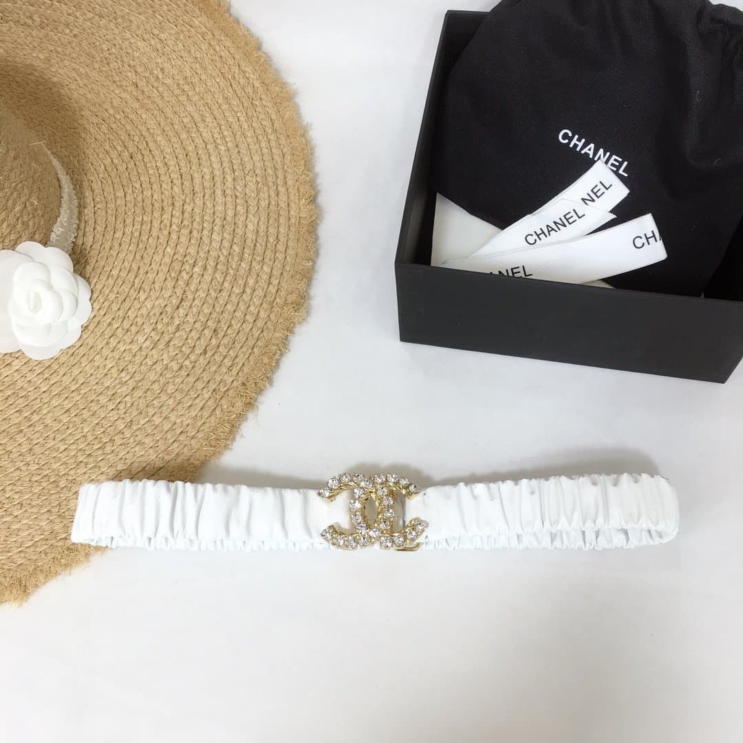 Chanel Belt Velvet White With Double C Buckle Gold-Toned and Strass Hardware Women Belt 30MM